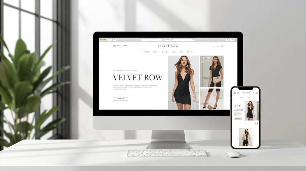 Velvet Row — fashion e-commerce website mockup on desktop monitor and smartphone