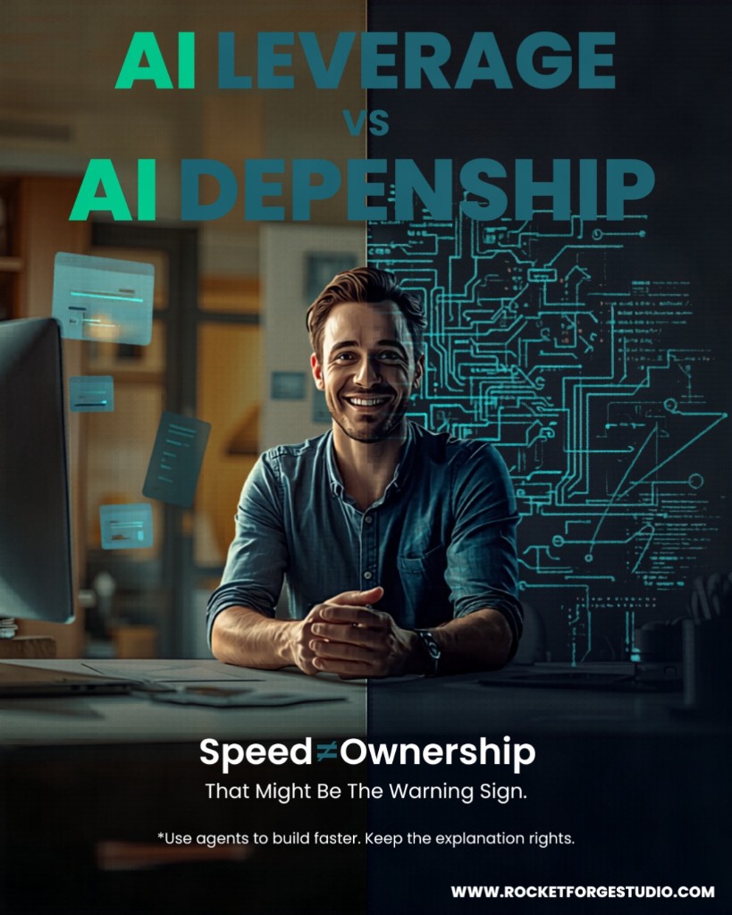 Hero graphic: AI leverage versus AI dependency split design, developer at desk with floating UI on one side and circuit-board pattern on the other, headline Speed does not equal Ownership