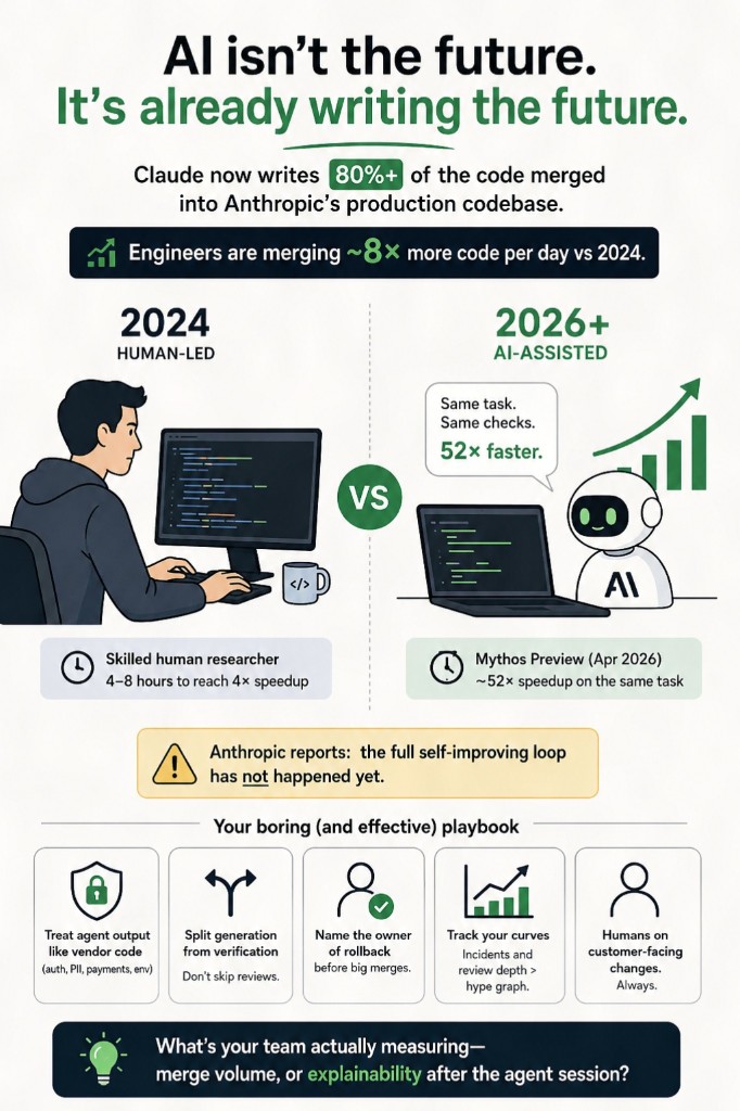 Infographic titled AI isn't the future. It's already writing the future: Claude writes 80%+ of Anthropic production code, engineers merge 8x more code per day vs 2024, 2024 human-led vs 2026 AI-assisted 52x speedup comparison, self-improving loop not yet warning, and five-step verification playbook