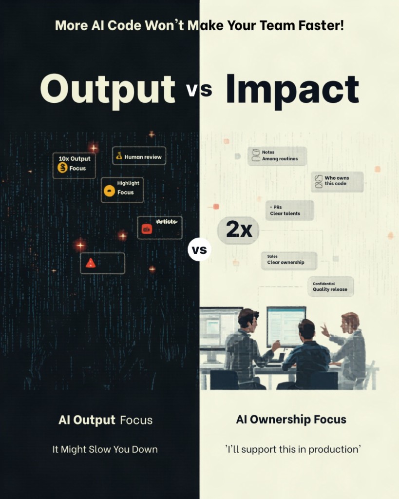 Инфографика More AI Code Won't Make Your Team Faster: слева тёмная панель Output с фокусом 10x output, хаотичным кодом и It Might Slow You Down; справа светлая панель Impact с 2x в круге, AI ownership focus, who owns this code и I'll support this in production с командой за столами