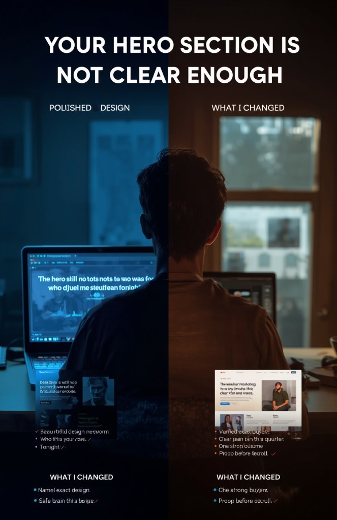 Comparaison coupée en deux au bureau : à gauche ambiance bleue froide et hero « design poli » flou sur l’écran ; à droite lumière chaude et hero clair avec acheteur nommé, douleur du trimestre, preuve avant le scroll. Titre en haut YOUR HERO SECTION IS NOT CLEAR ENOUGH
