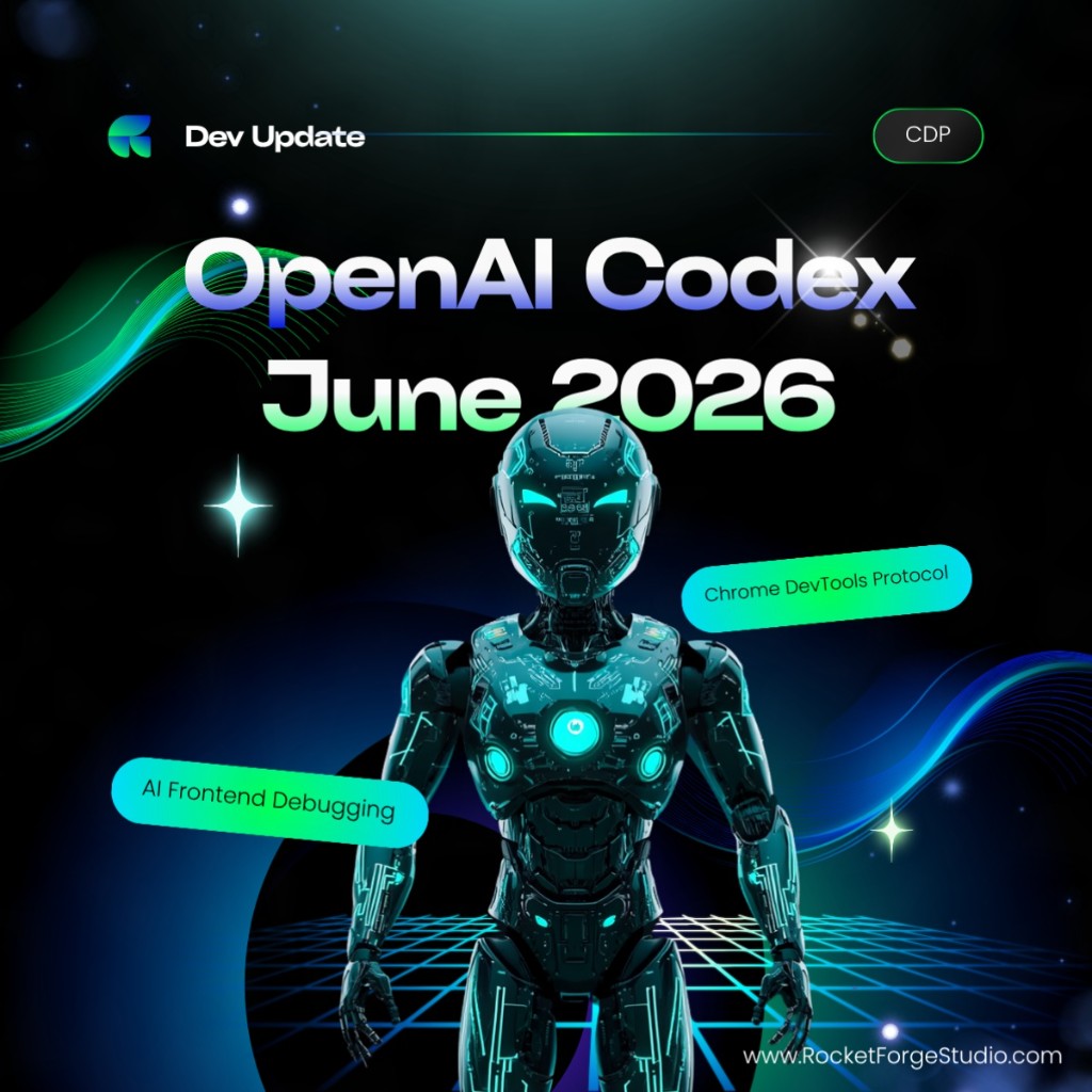 Hero-графика Dev Update для OpenAI Codex июнь 2026: футуристический гуманоидный робот на светящейся цифровой сетке с бейджем CDP, плавающие метки AI Frontend Debugging и Chrome DevTools Protocol, тёмный sci-fi фон неонового зелёного и синего