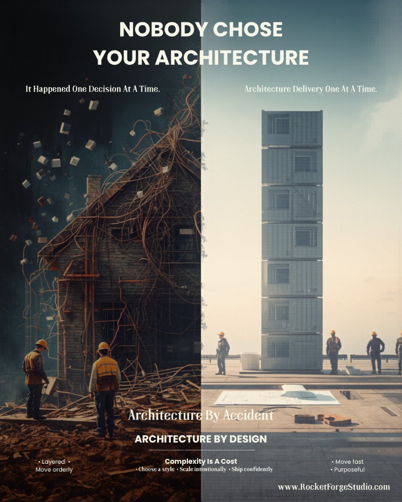 Póster dividido titulado Nobody Chose Your Architecture: panel izquierdo con estructura caótica y enredada etiquetada Architecture By Accident y obreros entre escombros; panel derecho con torre modular ordenada etiquetada Architecture By Design y un plano en el suelo; pie Complexity Is A Cost con elegir un estilo, escalar con intención, lanzar con confianza