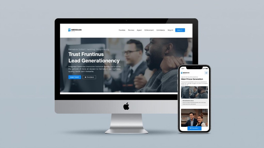 Responsives Mockup der Website von Meridian Digital (B2B-Agentur): Monitor und Smartphone mit corporate-blauem Marketing-Layout, professioneller Hero und Navigation